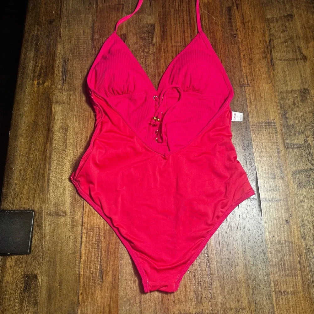 EUC Bongo Pink Ribbed Plunge Lace-Up One Piece‎ Swimsuit Size Large